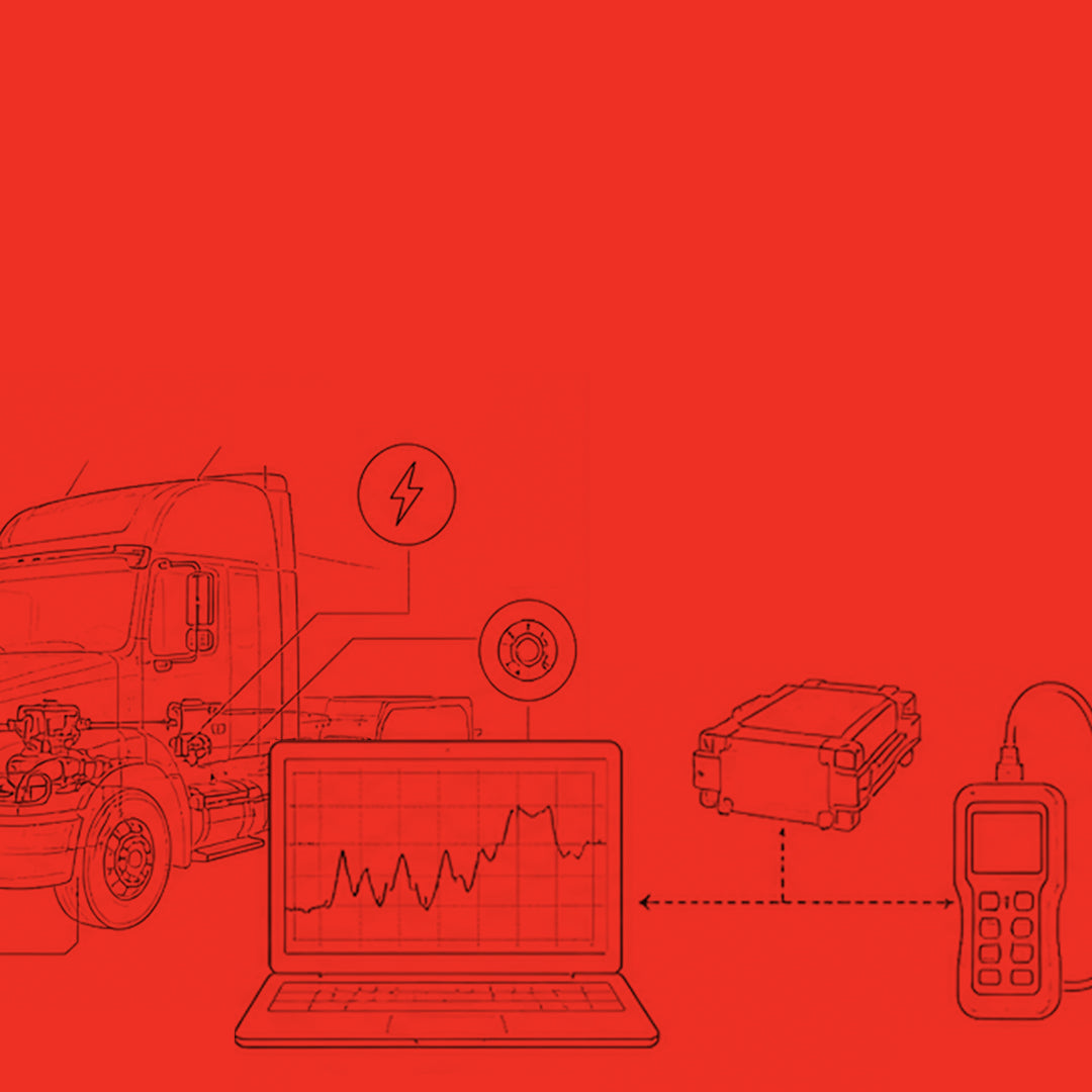 Schéma représentant un ordinateur de diagnostic branché à un moteur de camion, illustrant les services de maintenance préventive et électronique d'Edgar Blondeau.