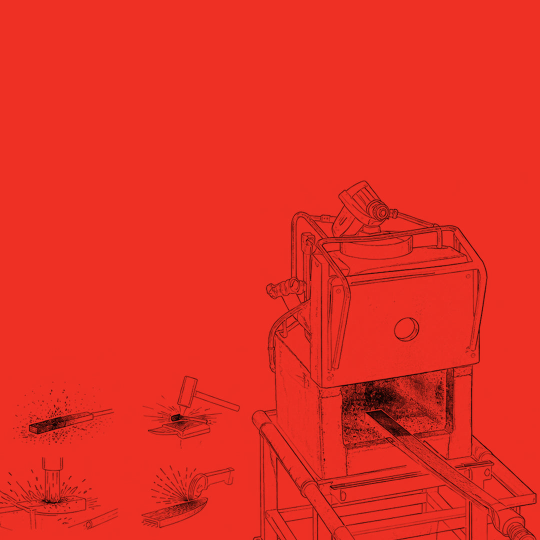 Illustration d'une forge industrielle et de pièces d'acier façonnées à la main, symbolisant le service de fabrication de pièces sur mesure chez Edgar Blondeau.