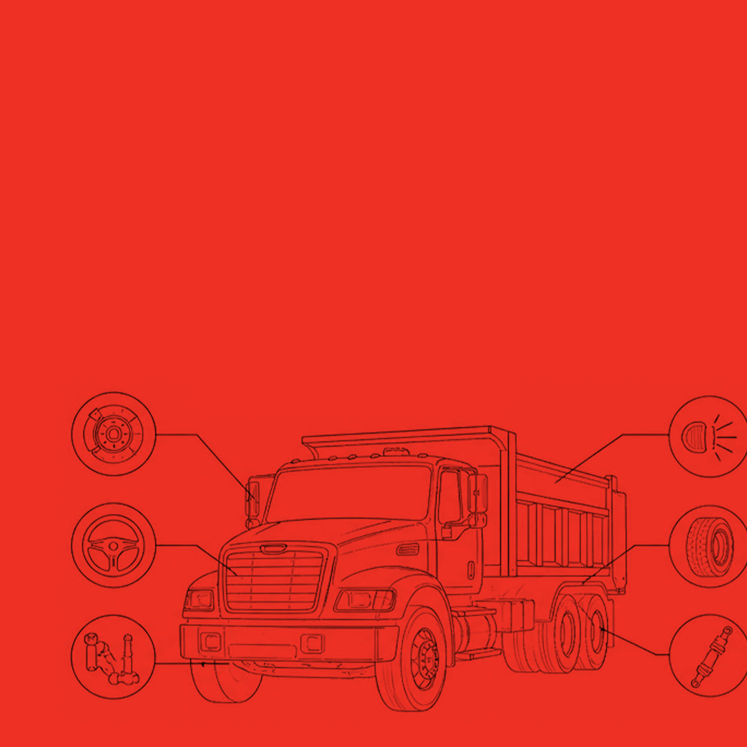 Illustration d'un camion benne entourée d'icônes de vérification (freins, pneus, direction), représentant le programme d'inspection PEP d'Edgar Blondeau.