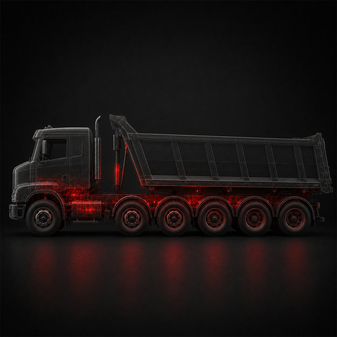 Profil technique d'un camion-benne noir à 12 roues (quatre essieux arrière), où des points néon rouges mettent en évidence la suspension lourde et les systèmes de freinage réparés par Edgar Blondeau.