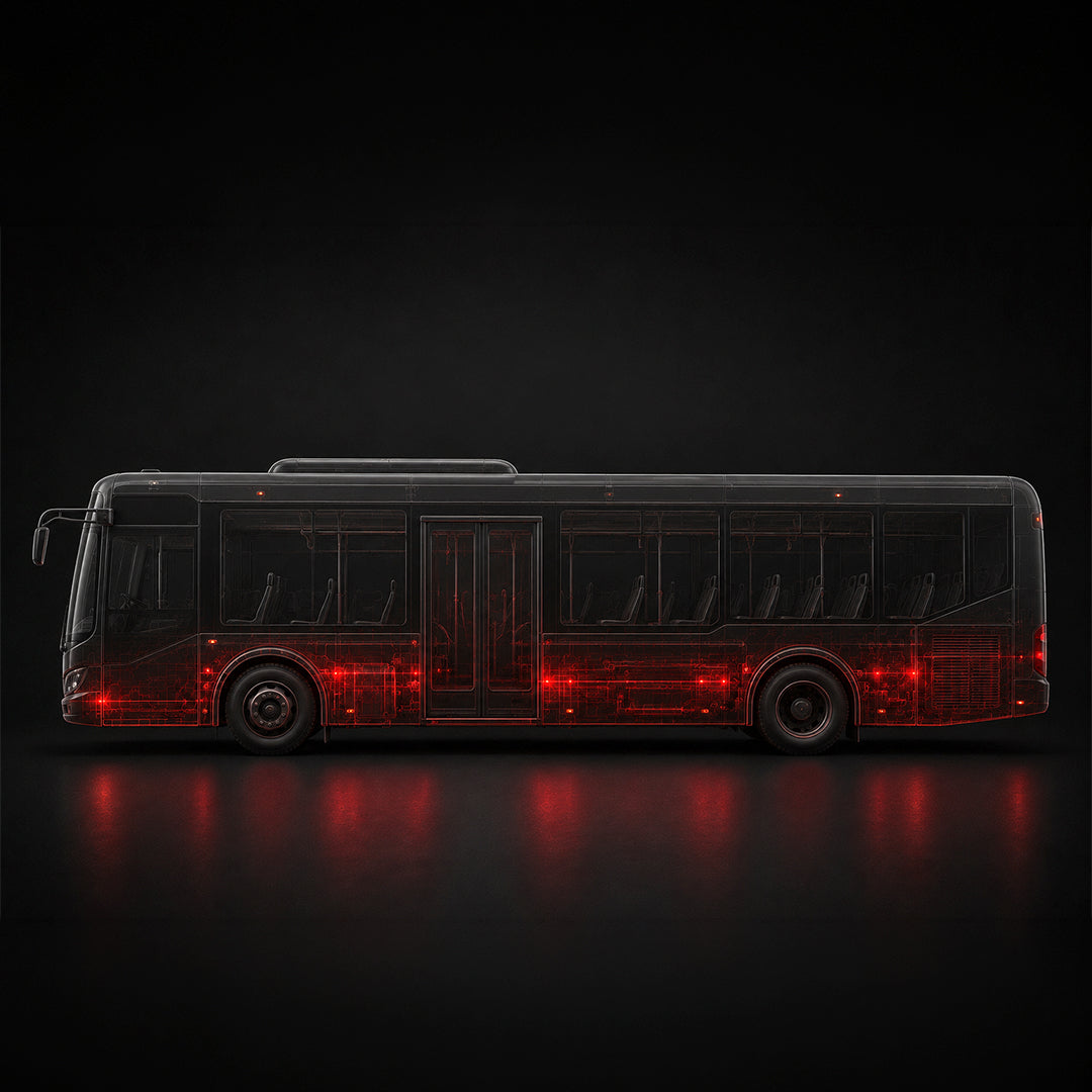 Vue de profil d'un autobus urbain noir sur fond sombre, avec des contours rouges lumineux soulignant le moteur, la transmission et les systèmes d'ouverture des portes entretenus par Edgar Blondeau.