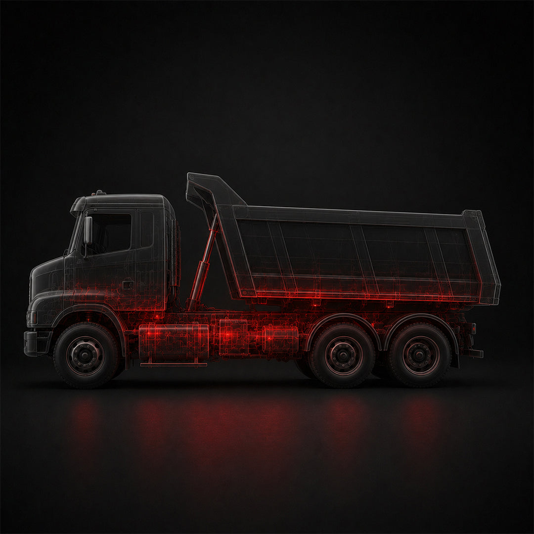 Schéma stylisé d'un camion benne de chantier noir, où des accents rouges néon mettent en valeur le système hydraulique de levage et le châssis, illustrant les services de réparation mécanique d'Edgar Blondeau.