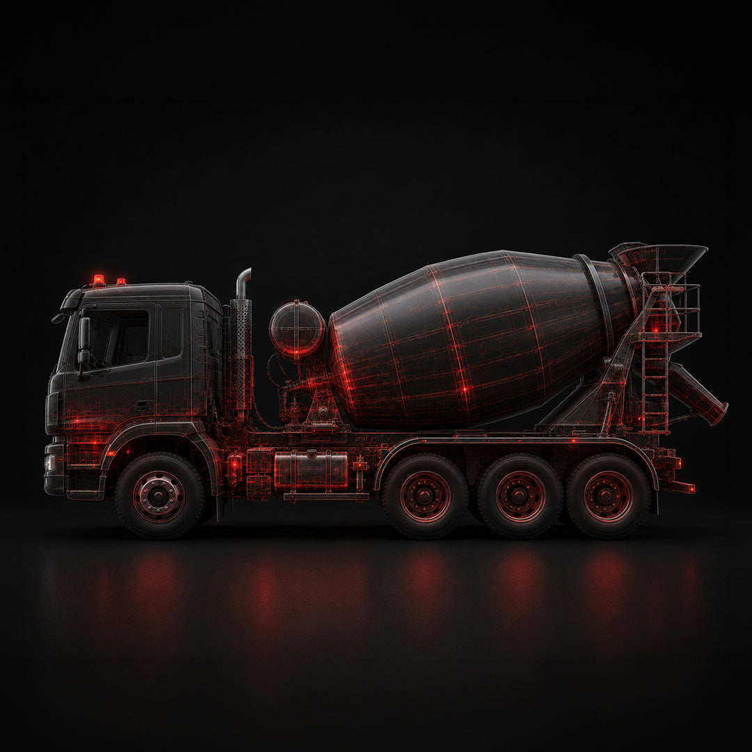 Camion bétonnière noir avec des highlights rouges sur la toupie et le châssis, illustrant l'expertise technique et les pièces disponibles chez Edgar Blondeau.