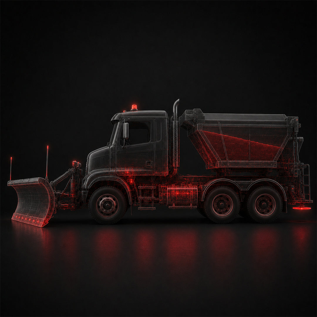 Camion de déneigement noir avec chasse-neige frontal et épandeur arrière, illuminés par des faisceaux lumineux rouges pour symboliser la fiabilité et la disponibilité des pièces chez Edgar Blondeau pour les équipements hivernaux.