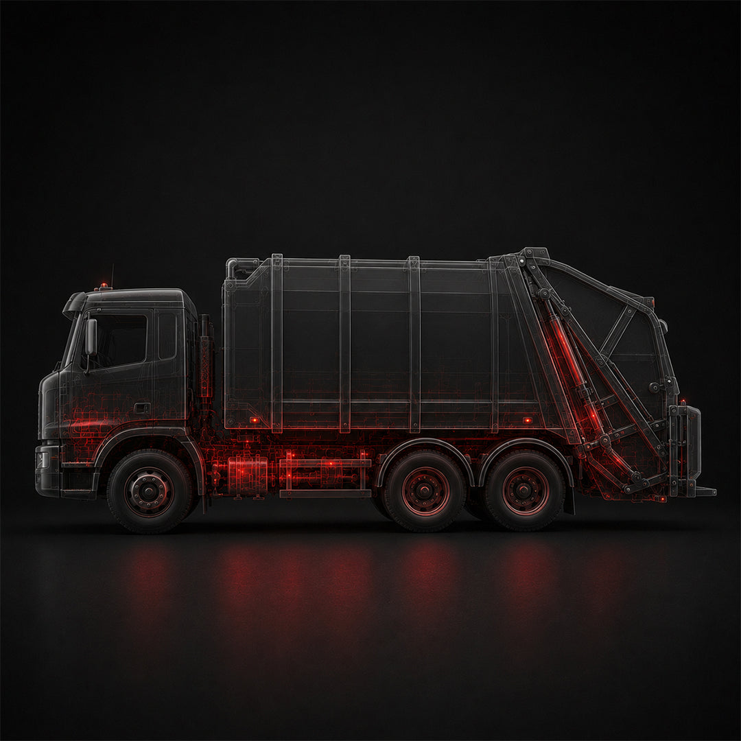 Profil d'un camion à ordures ménagères noir, avec des zones de service critiques comme le compacteur et le bras de levage éclairées en rouge, démontrant l'expertise d'Edgar Blondeau dans la maintenance de véhicules lourds spécialisés.