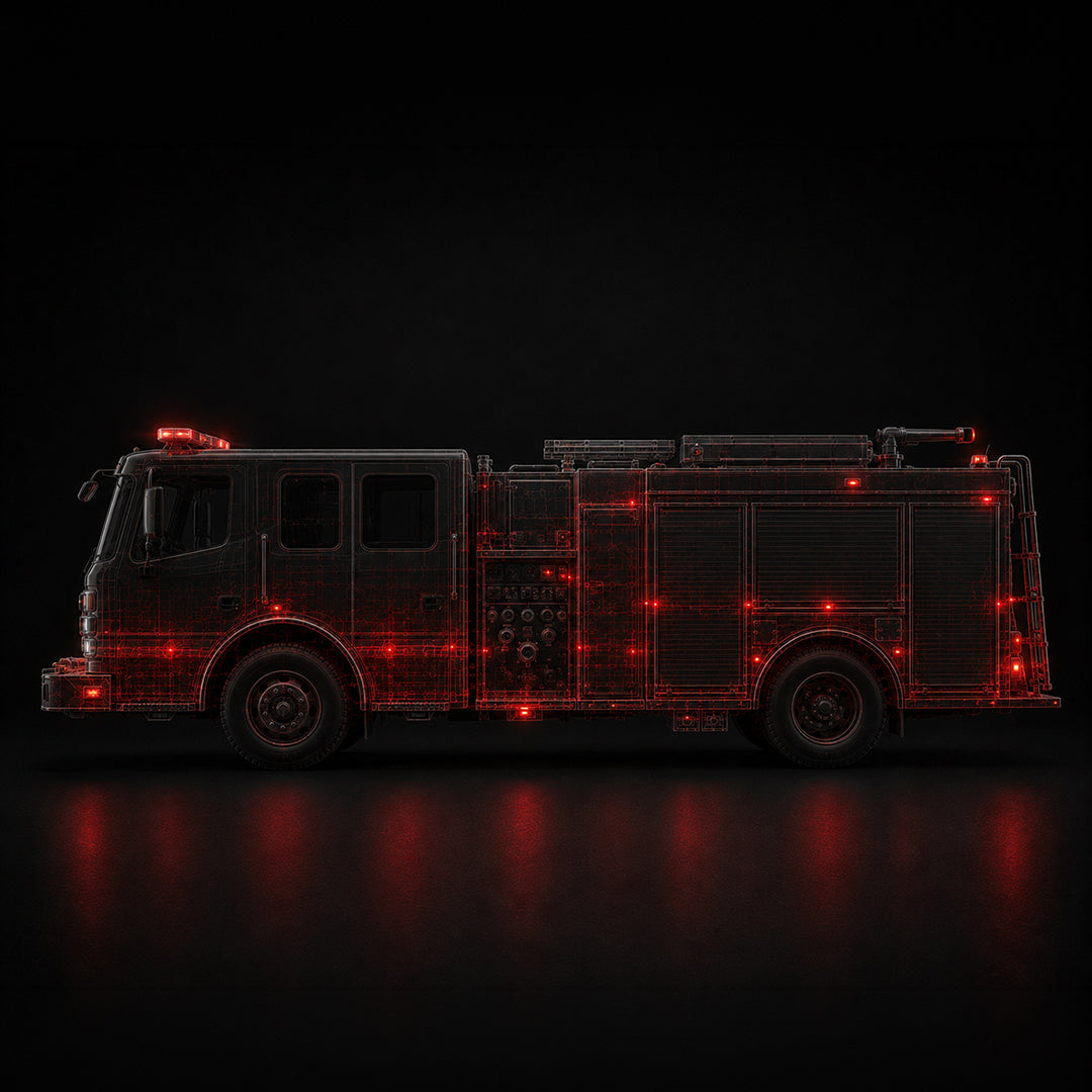 Profil d'un camion de pompier noir stylisé, où des points lumineux rouges mettent en évidence les zones de services et les composants critiques réparés par Edgar Blondeau.